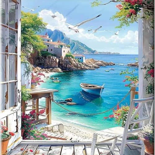 1 Beach Diamond Art Kits for Adults, Boat Diamond Painting Kits for Beginners, 5D DIY Full Drill Diamond Gem Art and Crafts, Home Wall Decor 12x16 Inch