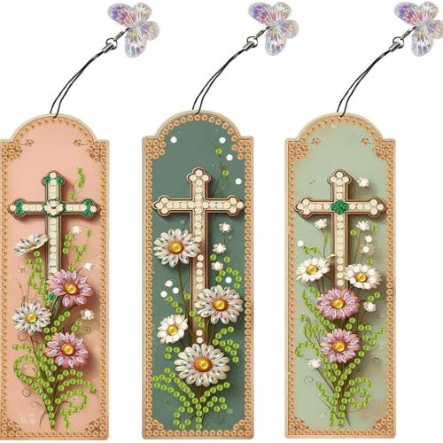 1 3 Pieces Cross Flower Diamond Painting Bookmark Kit, Religious Cross Daisy Flower Acrylic Diamond Art Bookmark with Butterfly Pendant for Adult Beginner Book Decor
