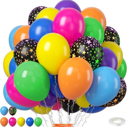 1 Neon Balloons, 12 Inch Yellow Orange Hot Pink Dark Blue Purple Lime Green Neon Star-Shaped Rainbow Balloons for Boy Girl Birthday Party Decorations Baby Shower Summer Pool Tropical Backdrop