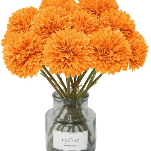 1 12 Pcs Artificial Chrysanthemum Flowers Orange Faux Ball Flowers Autumn Mums Florals Wedding Bouquet for Fall Farmhouse Home Kitchen Decoration (12, Orange)