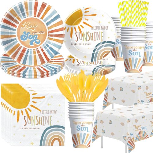 Here Comes The Son Baby Shower Decorations Tableware Boy, Boho Rainbow Sun Baby Shower Party Supplies, Plate, Cup, Napkin, Tablecloth, Cutlery, Sunshine Baby Shower Table Decorations | Serve 24