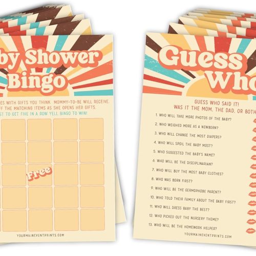 Here Comes The Son Baby Shower Games – 50 Pack Boy Baby Shower Activities, Retro Sunshine Theme, Includes Bingo and Guess Who