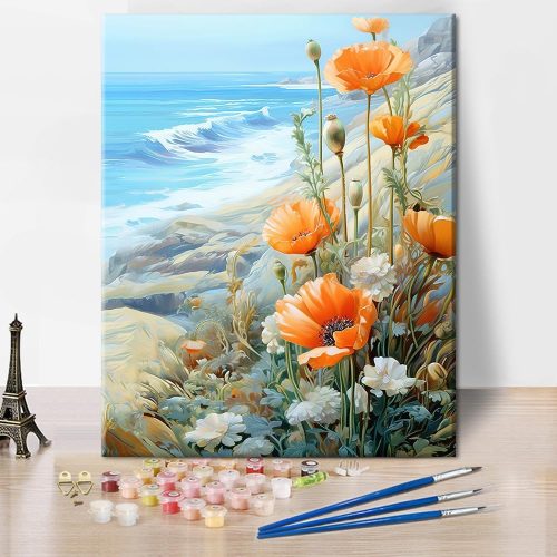 1 Paint by Numbers for Adults Beginner Flowers Paint Number Kits - Poppies and Daisies, Sea View - DIY Oil Painting Kits - Gift for Kids, 16 x20 Inch