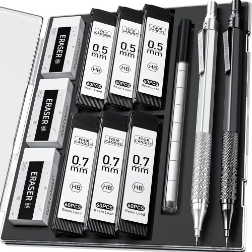 1 2PCS Metal Mechanical Pencils Set with Case, 0.5mm & 0.7 mm Artist Pencil with 6 Tubes (360PCS) HB Lead Refills, 3 Erasers,9 Eraser Refills For Writing Drafting, Drawing, Black&Silver