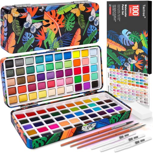 1 Taotree Watercolor Paint Set 100 Colors, Art Supplies Watercolors Kit Travel Water Colors with 3 Paints Brushes, Crafts Painting Supplies, Drawing Christmas Gifts for Teens Girls Boys Adults Artists