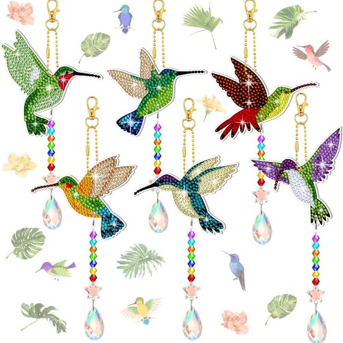 1 6 Pcs Diamond Art Painting Rhinestone Hummingbird Wind Chimes Birds Art Kits for Adults Diamond Summer Decor Suncatchers Double Sided 5d DIY with Crystal Pendant for Home Window Decor Garden