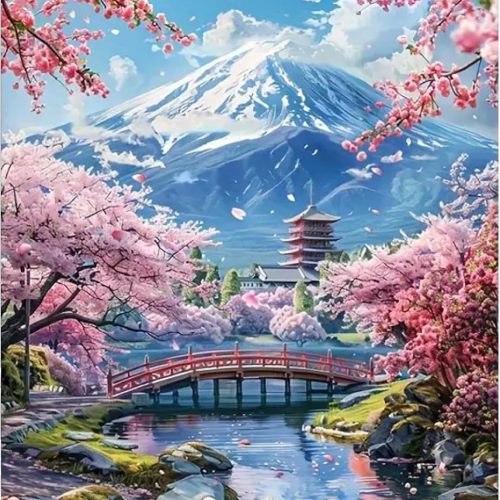 5D Mount Fuji Diamond Painting Kits for Adult, Mountain Sakura Diamond Art Kits for Beginners, DIY Full Drill Floral Diamond Dot Gem Art Kits for Home Decor 12 x 16 Inch Cherry