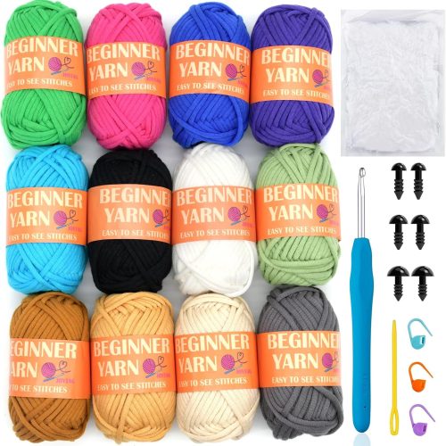 1 12 Pack Beginners Crochet Yarn Coffee Brown Beige Grey Cotton Easy Crochet Yarn for Crocheting Knitting Beginners with Easy-to-See Stitches Multiclor Mini Beginner Crochet Kit(12x25g)