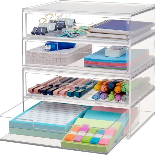 Chloe Space-Saving Clear Drawer Organizer (4 Wide Drawers) Sort Office, Kitchen, Beauty Supplies, Makeup, Pens, Jewelry, Stationary, Made in USA
