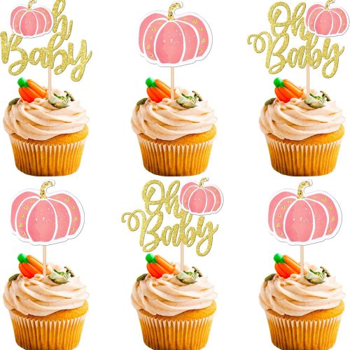 24 Pack Pumpkin Oh Baby Cupcake Toppers Glitter Fall Harvest Oh Baby Cupcake Picks for Thanksgiving Baby Shower Kids Birthday Cake Decorations Party Supplies Pink
