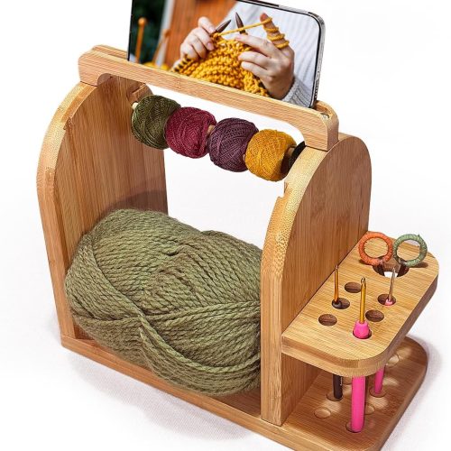 Yarn Holder for Crochet Accessories – Durable Bamboo Wood Knitting Accessories Yarn Storage Organizer with Built-in Phone Stand – Tangle-Free Dual Rods and Tool Holder – Works with Skein, Cake, Ball