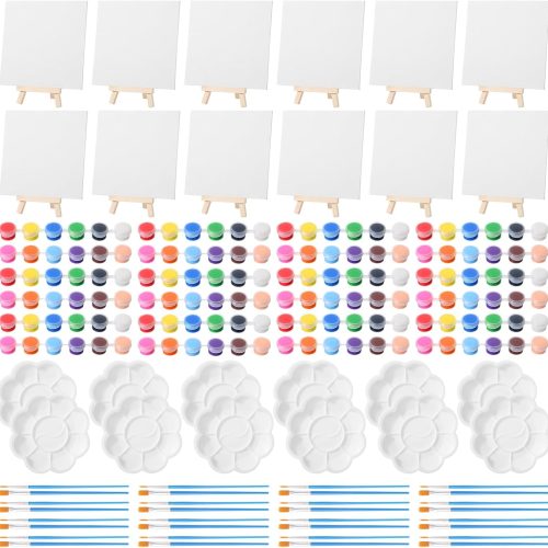 1 Qilery 12 Set Acrylic Paint Kit Mini Stretched Canvas with Easel, Acrylic Paints Strips, Brushes, Palette, Art Set for Kids Adults Classroom Birthday Party Favors(6 x 6 Inch)