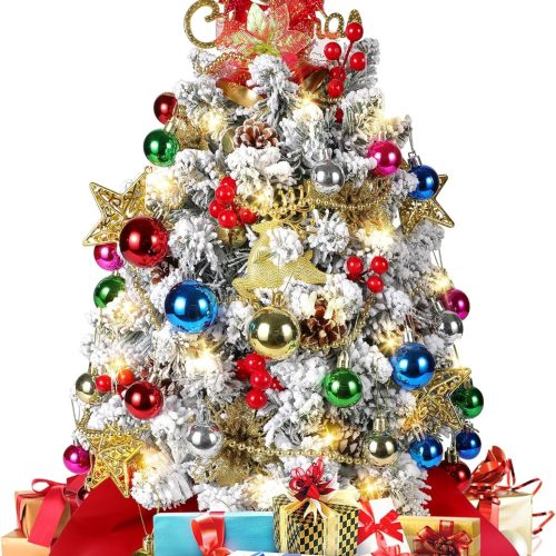 2FT Mini Christmas Tree, Small Tabletop Christmas Trees with 60 LED Lights, 100 Lifelike Branches and 58 DIY Ornaments, Christmas Table Decor for Home Party Office