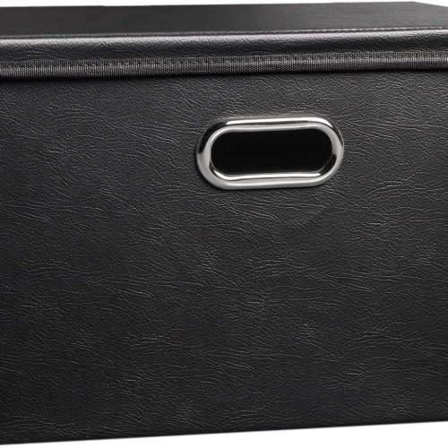 PRANDOM Large Collapsible Storage Bin with Lid [1-Pack] Leather Fabric Foldable Storage Box Organizer Containes Basket Cube with Cover for Home Bedroom Closet Office Nursery Black (17.7x11.8x11.8)