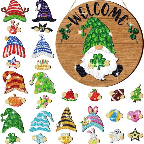 1 Yalikop 29 Pcs Magnetic Diamond Painting Christmas Gnome Interchangeable Diamond Painting Kits Interchangeable Art Welcome Sign Hanging Holiday Seasonal Home Sign for Winter Front Door Wall Decoration