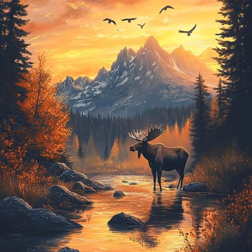 1 5D Diamond Art Kits for Adults, Big Horned Deer Diamond Painting Art Sunset Landscape DIY Full Round Drill Kits, Embroidery Rhinestone Diamond Crystal Craft Canvas Home Wall Decor 12x16 inch
