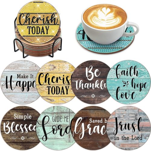 1 8 PCS Christian Bible Verse Diamond Art Coasters Diamond Art Coasters Kits with Holder Bible Verse DIY Farmhouse Coasters Christian for Beginners, Adults, Kids, Diamond Art Crafts Supplies