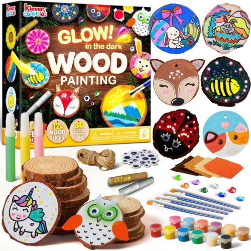 1 Klever Kits Wooden Painting Craft Kit-Glow in The Dark- Arts and Crafts for Kids Ages 6-12 Wood Slices with Art Activitiy Supplies, Wood Crafts for Boys Girls Party Gift Easter Painting