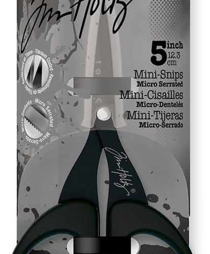 Tim Holtz Small Scissors - 5 Inch Mini Snips with Micro Serrated Blade - Craft Tool for Cutting Paper, Fabric, and Sewing - Titanium with Black Comfort Grip Handles