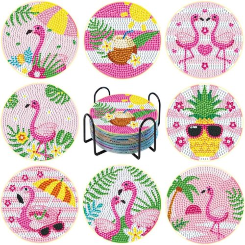 1 PERFECTSIGHT 8 Pcs DIY Diamond Art Painting Coasters with Holder, Cute Diamond Paint Coaster Kits for Adults, Kawaii Full Drill Diamond Art Craft Supplies, Paint by Number Non Slip Coaster, Flamingo