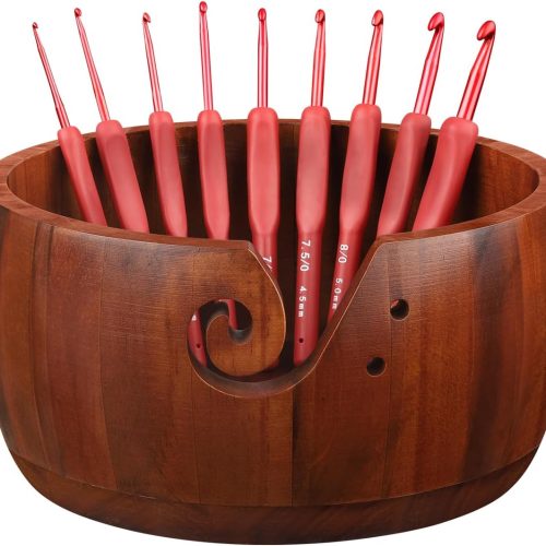 Large Yarn Bowl Holder, 8.7''Knitting Bowl with 9pcs Crochet Hooks, Wooden Yarn Holder Dispenser Yarn Storage Bowls for Crocheters Knitters Craft