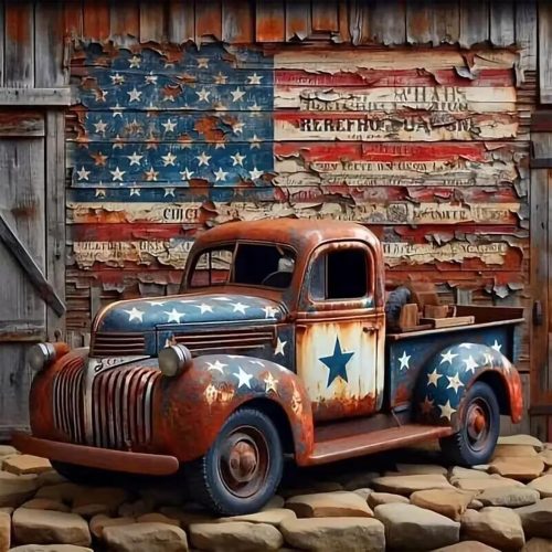5D Truck Diamond Art Kits for Adults Beginners,DIY Full Round Drill Diamond Painting Kits American Flag, Paint by Diamonds Dot Gem Art Crystal Easy,Home Wall Decor 13.7X 13.7Inch