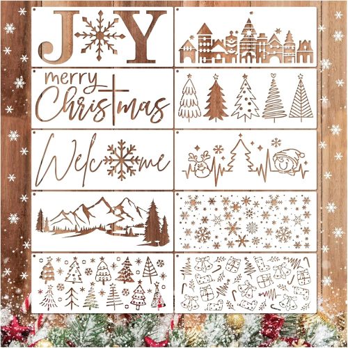 10pcs Christmas Stencils for Door Mats Large Merry Christmas Sign Stencil Reusable Holiday Stencils for for Painting on Wood for DIY Crafts Doormat Door Hanger Wall Home Decoration(14inChristmas)