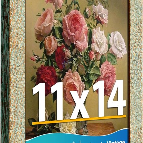 11x14 Picture Frame, Vintage Picture Frames 11x14 Plexiglass Glass for Wall Display, Rustic 11 x 14 Photo Frame Antique Gold Green, Widen Border