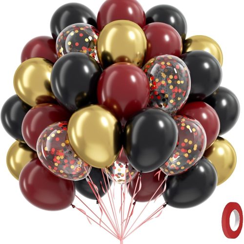 60pcs 12inch Black Burgundy and Gold Balloons, with Gold Red Black Confetti Balloons for Maroon Themed Birthday Baby Shower Graduation Party Decorations