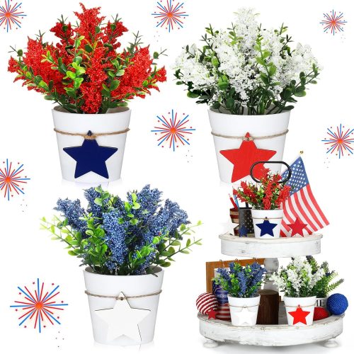 Jexine 3 Set 4th of July Small Fake Plants Memorial Day Mini Artificial Potted Plants Table Tiered Tray Farmhouse Home Shelf Bathroom Decor Kitchen Accessories