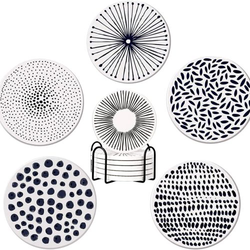 1 YumSur Drink Coasters Set of 6 with Holder Absorbent Ceramic Stone Coasters with Cork Bottom Heat and Scratch Resistance Decorative Drink Mats Cup