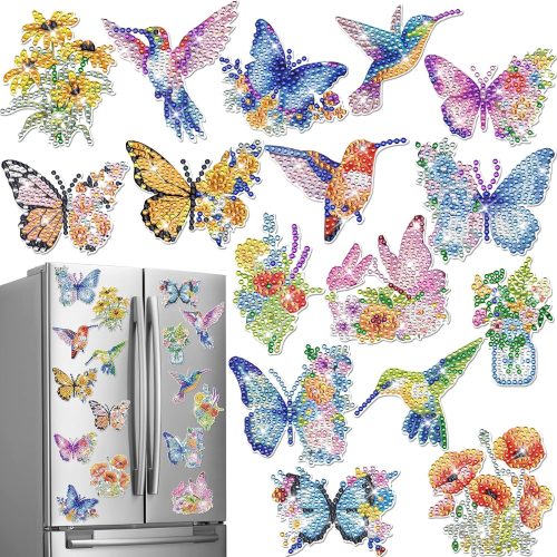1 INCOK Diamond Painting Art Refrigerator Magnets - 16 PCS DIY Butterfly Hummingbird Flower Fridge Magnet Set Floral Crystal Art Craft for Women Adults Beginners Home Decors