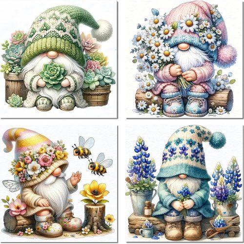 4 Pack Gnome Diamond Painting Kits for Adults-Gnome Diamond Art Kits for Adults, Diamond Painting Gnomes DIY 5D Round Full Drill Gem Art and Crafts for Home Wall Decor Gifts 12x12 inch