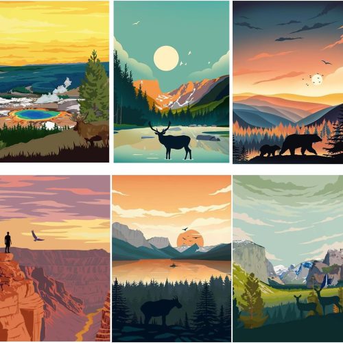 1 6 Packs Paint by Numbers for Adults Beginners, National Park Painting by Number Kits on Canvas Without Frame, Yellowstone Grand Teton Yosemite Lanscape Craft Arts for Home Wall Decor 9.8x13.8inch
