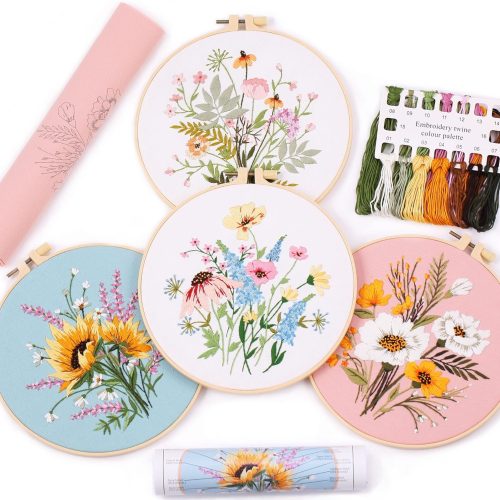 1 4Pcs Embroidery kits for beginners, Including Printed Embroidery Cloth with flower Patterns, 4 Plastic Embroidery Rings, 1 Pair of Scissors, Colored Threads, Needles and an Embroidery Instructions