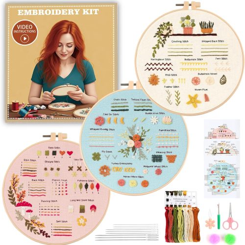 1 JOINRUN Beginner Embroidery Kit for Adults, 3 Pack Cross Stitch Kits with Pre-Printed Patterns, Threads, Needles, Learn Stitches with 7.8" Hoop, Video Tutorial, DIY Needlework Craft Gift for Women