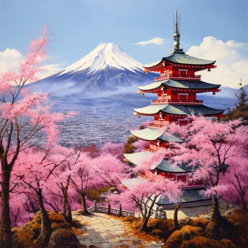 1 Landscape Japan Chureito Pagoda and Mt. Fuji in The Spring with Cherry Blossoms Scenery 5D Adult Diamond Art,DIY Diamond Art Painting Kit for Decor Canvas 11.7x15.7inch/30x40cm