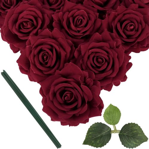 1 IPOPU Burgundy Velvet Rose 5" Large Roses Artificial Flowers 10pcs Silk Rose Fake Flowers for Wedding Bouquet Baby Shower Centerpieces Arrangements Home Party Tables Decor(Burgundy)