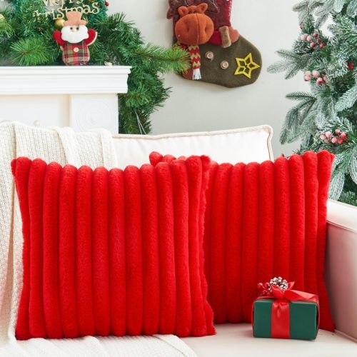 1 Pack of 2 Christmas Red Pillow Covers 18x18 Inch Decorative Faux Fur Throw Pillow Cover, Soft Lumbar Plush Pillowcases for Couch Sofa Bed Living Room, Fluffy Cute Home Boho Accent Decor