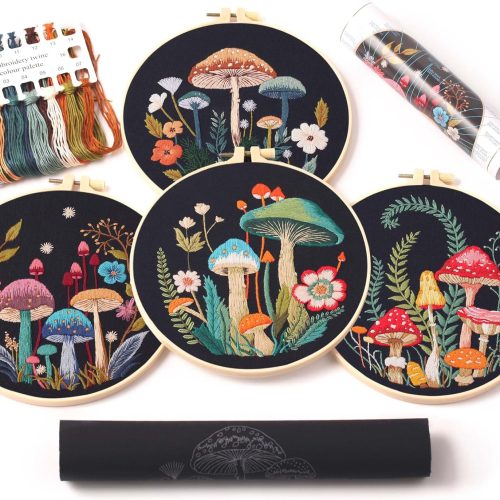 1 REEWISLY 4pcs of Embroidery Starter kit with Patterns and Instructions, DIY Adult Beginner Cross Stitch Kits, Including 2 Plastic Embroidery Rings, 1 Pair of Scissors, Colored Threads and Needles