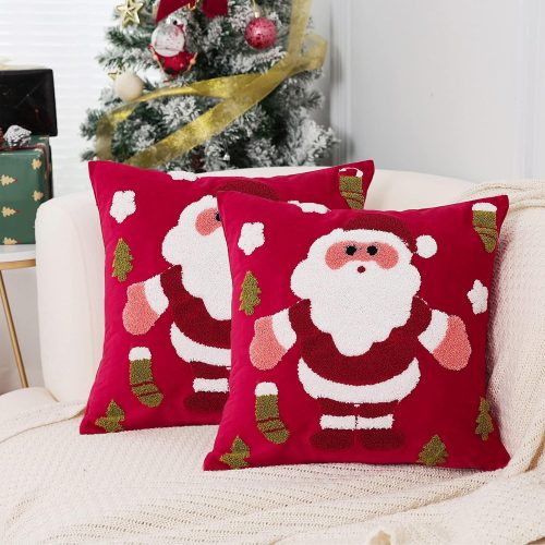 1 Red Christmas Pillow Covers 18x18 Set of 2, Farmhouse Christmas Decorations Santa Claus Winter Holiday Seasonal Pillow Cases, Velvet Embroidery Decorative Cushion Case for Couch, Sofa & Living Room