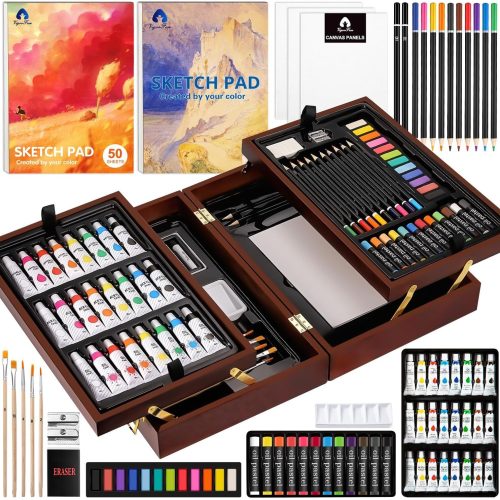 1 VigorFun Art Supplies, Deluxe Wooden Art Set Crafts Drawing Painting Kit with 2 Sketch Pads, Oil Pastels, Acrylic, Watercolor Paints, Creative Gifts Box for Adults Artist Kids Teens Girls (Pink)