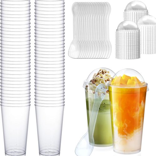 1 100Pcs 3oz Mini Dessert Cups with Lids and Spoons Clear Plastic Disposable Parfait Cups, Small Serving Bowl for Christmas Party Appetizers, Catering, Wedding, Dessert Shops(300pcs in total)