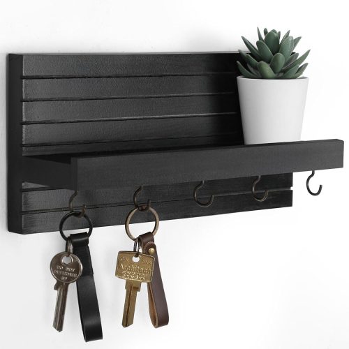 1 Decorative Key Holder for Wall with Shelf, Entryway Shelf with Hooks Holds Leashes, Jackets and Glasses – Sturdy Wood Keyholder Entrance Hanger with Mounting Hardware (Black, Medium)