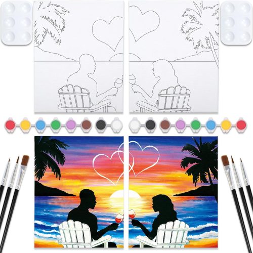 1 VOCHIC Sip and Paint Kit,Pre Drawn Canvas Couples Paint Party Kit Painting Art Set for Adults Date Night Sunset Beach Lovers 2 Pack (8 x 10 Inches)