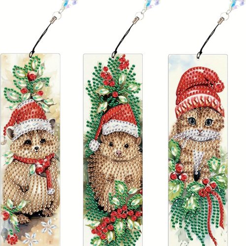 1 Tontut 3 Piece Bookmark Diamond Art Painting Kit, Christmas Cat DIY Diamond Handmade Art Bookmarks for Book Lovers, Can be a Gift for Friends