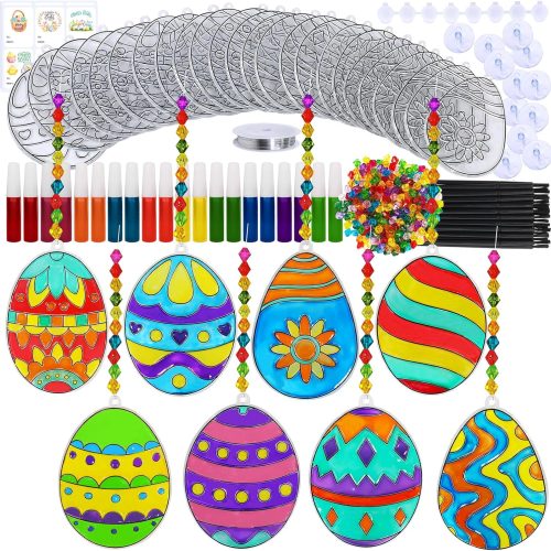 1 Winlyn 24 Sets Easter Egg Suncatchers Ornaments Decorations DIY Window Paint Art Suncatchers Egg Sun Catchers Painting Craft Kits for Kids Classroom Spring Party Activities Art Project