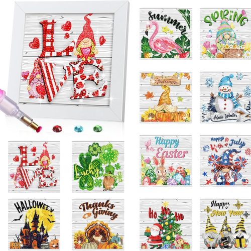 1 Trandraft 13 Pcs Interchangeable Seasonal Diamond Painting Kits for Adults Christmas 5D Diamond Art Calendar Kits with Frame for Christmas Winter Holiday Table Decor Art Craft Gift(Multi Elements)