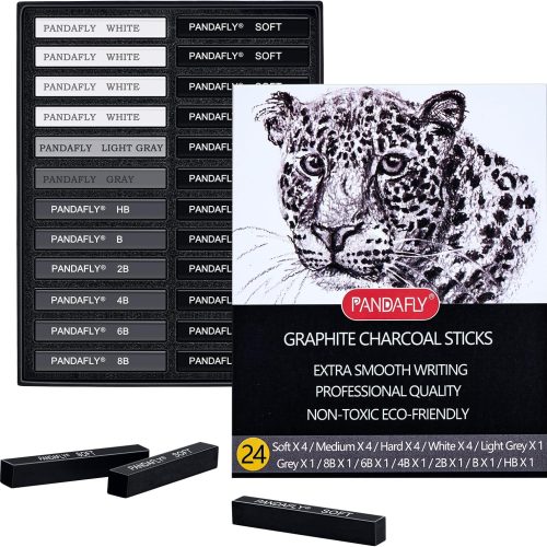 1 PANDAFLY Compressed Graphite Charcoal Sticks, 24 Pieces Black & White Vine Charcoal Sticks for Drawing, Sketching, Shading, Charcoal Drawing Set for Beginners & Pro Artists