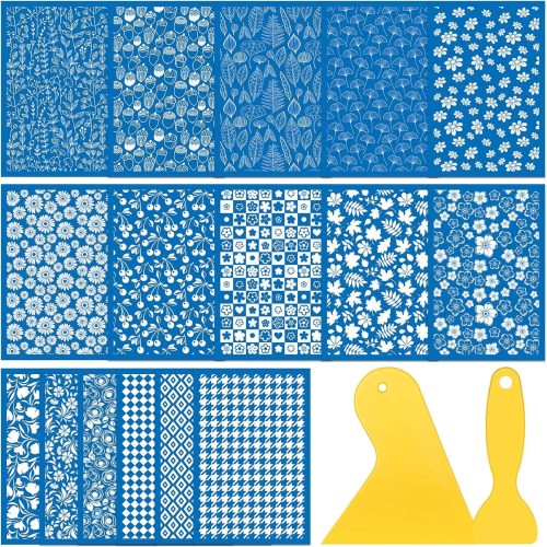 1 16 Pcs Silk Screen Stencils for Polymer Clay Texture Sheet Reusable Silkscreen Clay Jewelry Making Kit with 2 Scraper for DIY Craft Earring Decoration Making Supplies, 3.9 x 6 Inch, 16 Styles